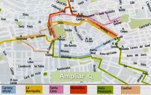 recorrido de las procesiones durante domingo de ramos en granada