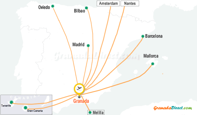 mapa de destinos de vuelos directos de granada a otras ciudades de españa