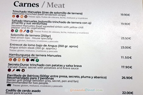 precios de los platos de carne en los manueles